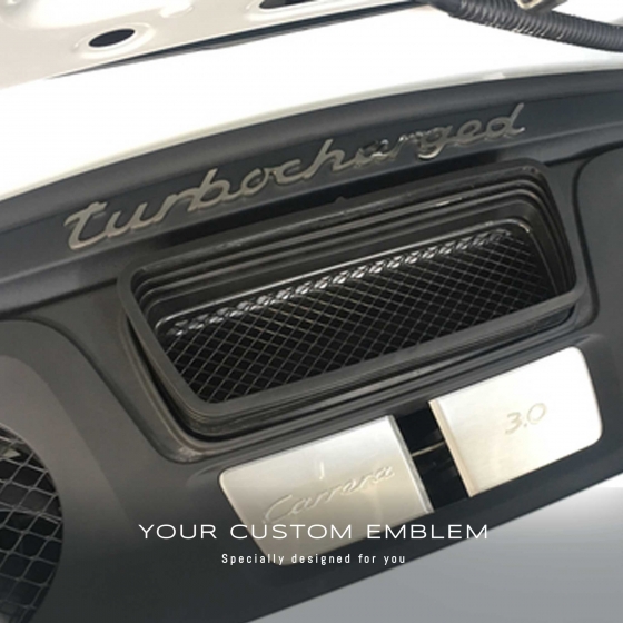 Porsche 'Turbocharged' Emblem made of 100% Stainless steel installed on the rear deck lid of the all new Carrera 3.0 - Design done as requested